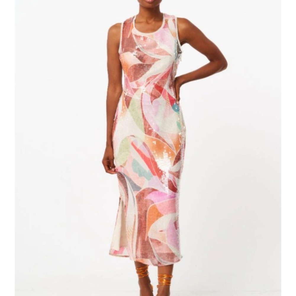 CIEBON WOMEN’S LOUELLA ABSTRACT PRINT SEQUIN MIDI DRESS SZ S